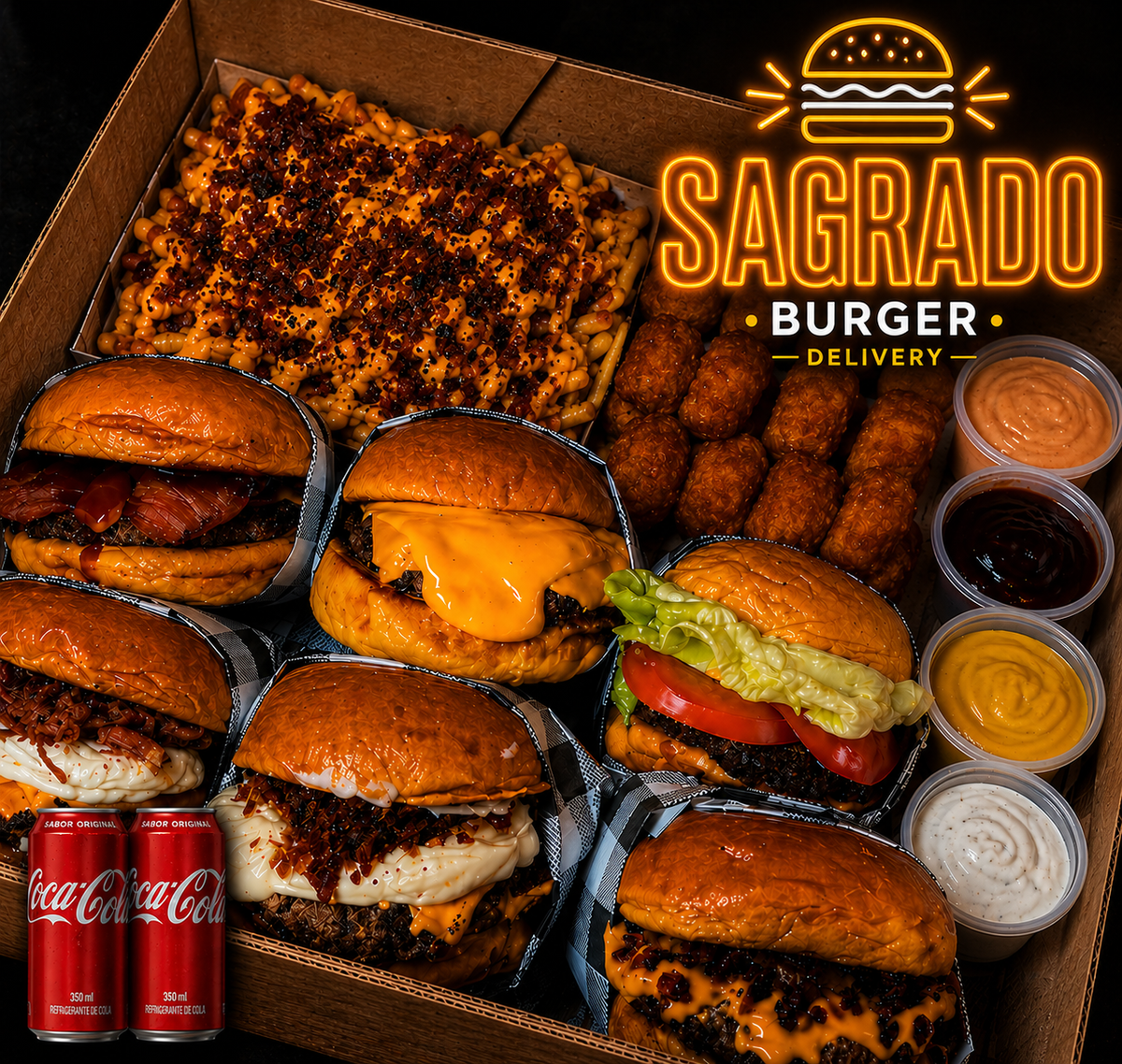 RODÍZIO EM CASA - 6X Hambúrgueres + 500g Fritas + 500g Nuggets + 2X Coca-Cola 2L + 4 Molhos